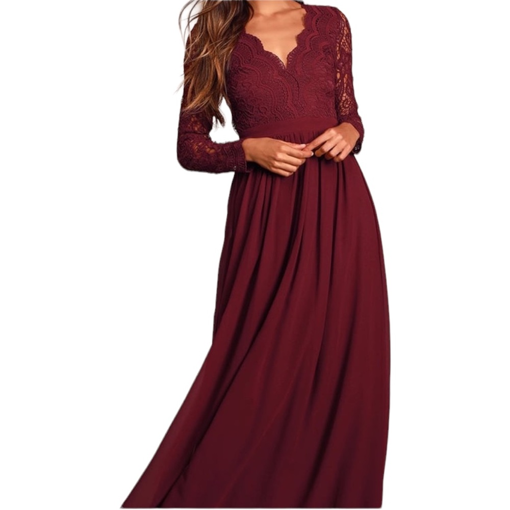 Lulus Burgundy Awaken My Love Long Sleeve Lace Maxi Dress Open Back Style (8737) - Picture 14 of 15